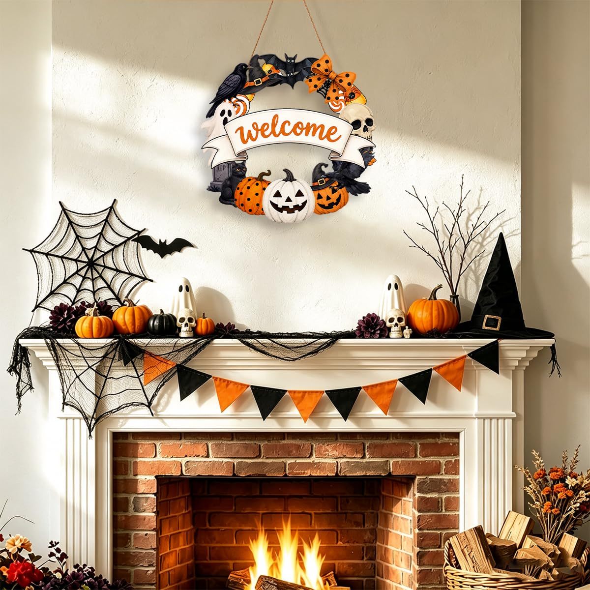 Halloween Wreath for Front Door Wooden Ghost Pumpkin Door Sign Wall Decor - MyJigsawPuzzleAu