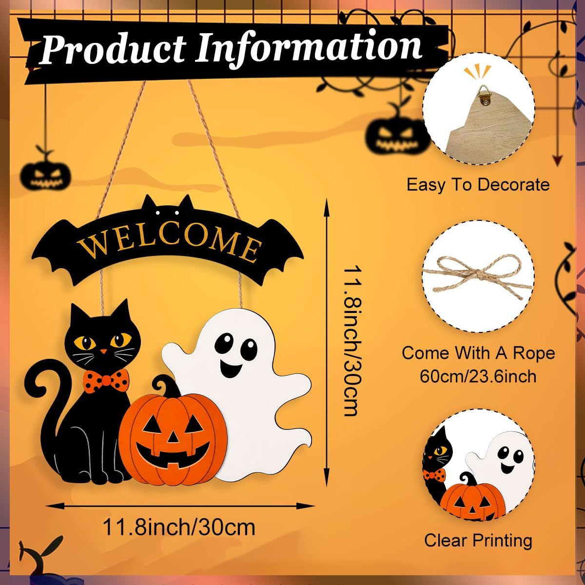 Halloween Wreath for Front Door Wooden Ghost Pumpkin Door Sign Wall Decor - MyJigsawPuzzleAu