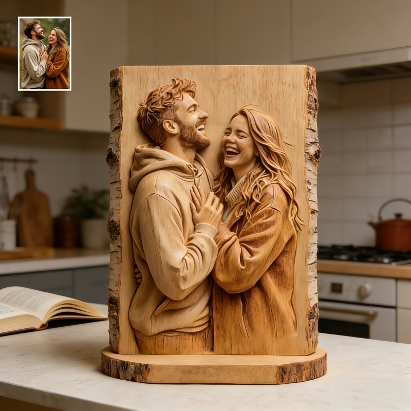 Personalized Couple Photo Wooden Plaque Custom Carved-Style Illustration on Natural Wood - MyJigsawPuzzleAu