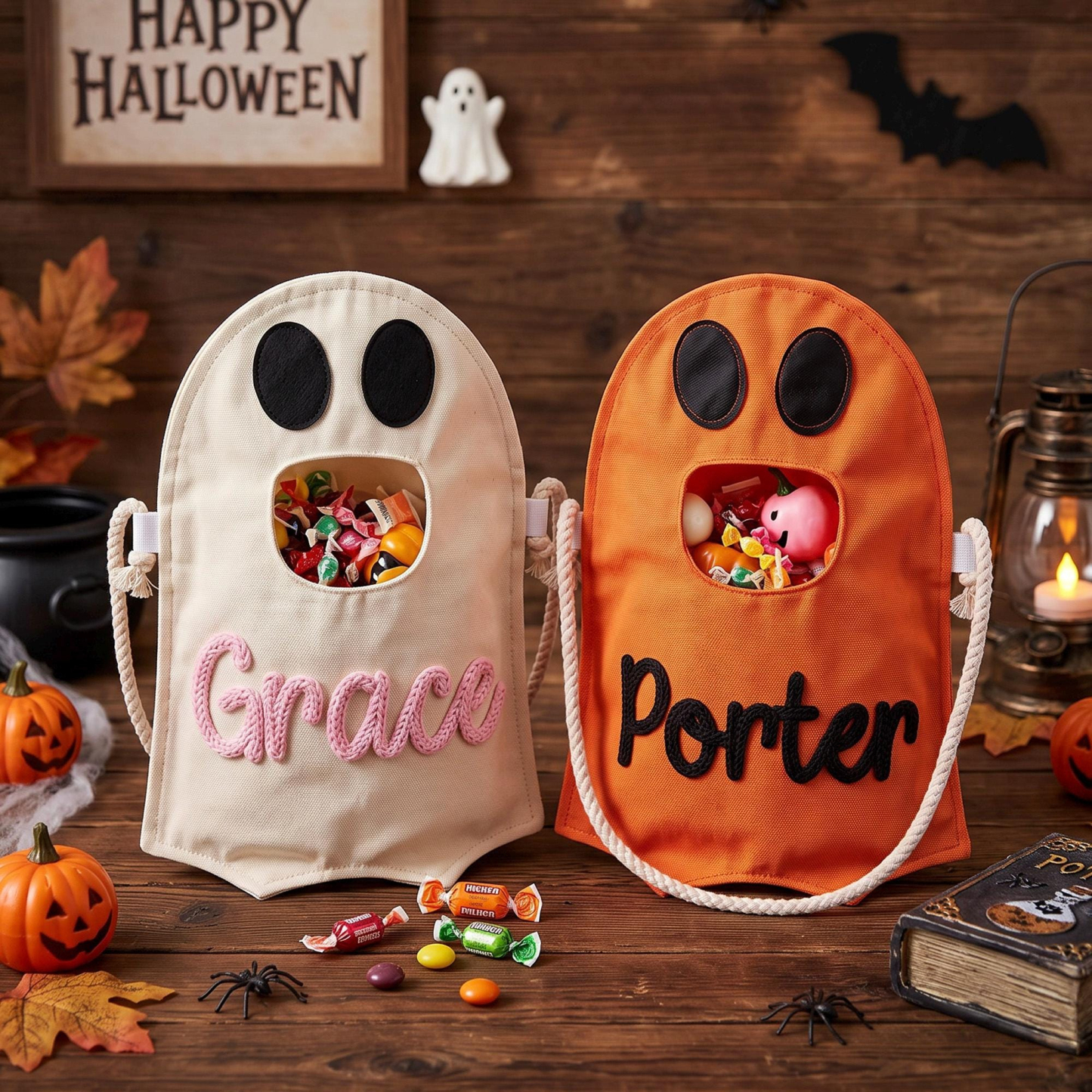 Personalized Trick or Treat Bag, Ghost Halloween Candy Bag, Custom Name Kids Tote, First Halloween Gift for Toddler - MyJigsawPuzzleAu