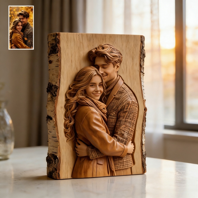 Personalized Couple Photo Wooden Plaque Custom Carved-Style Illustration on Natural Wood - MyJigsawPuzzleAu