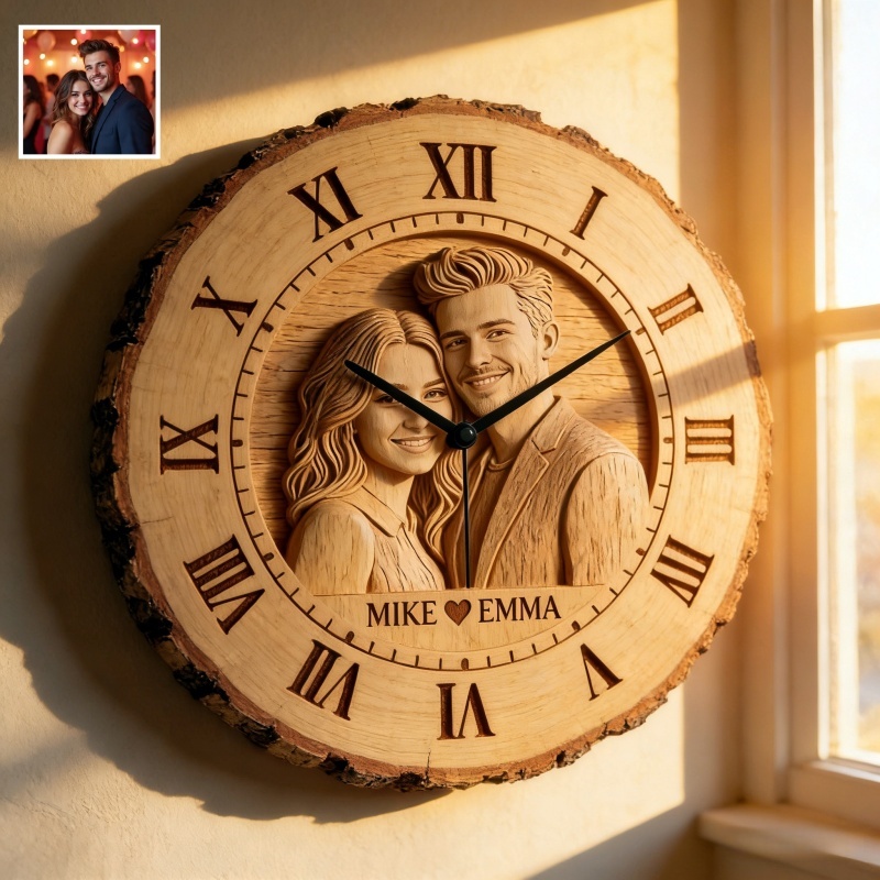 Personalized Couple Photo Wooden Wall Clock Custom Engraved Names 2D Carved-Style Illustration on Natural Wood for Romantic Home Décor & Gifts - MyJigsawPuzzleAu