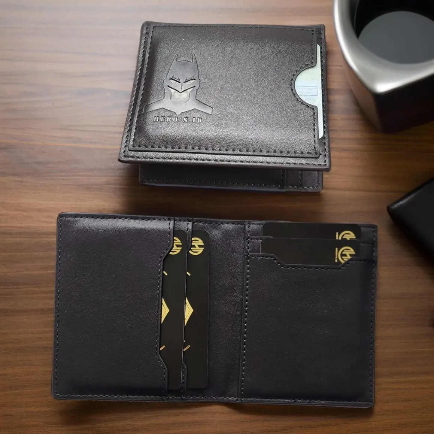 Bat ID Wallet - Leather Wallet With Super Hero Mask - wallet for him valentine's day gift for dad boyfriend husband anniversary birthday 2 POCKETS - 3D MASK