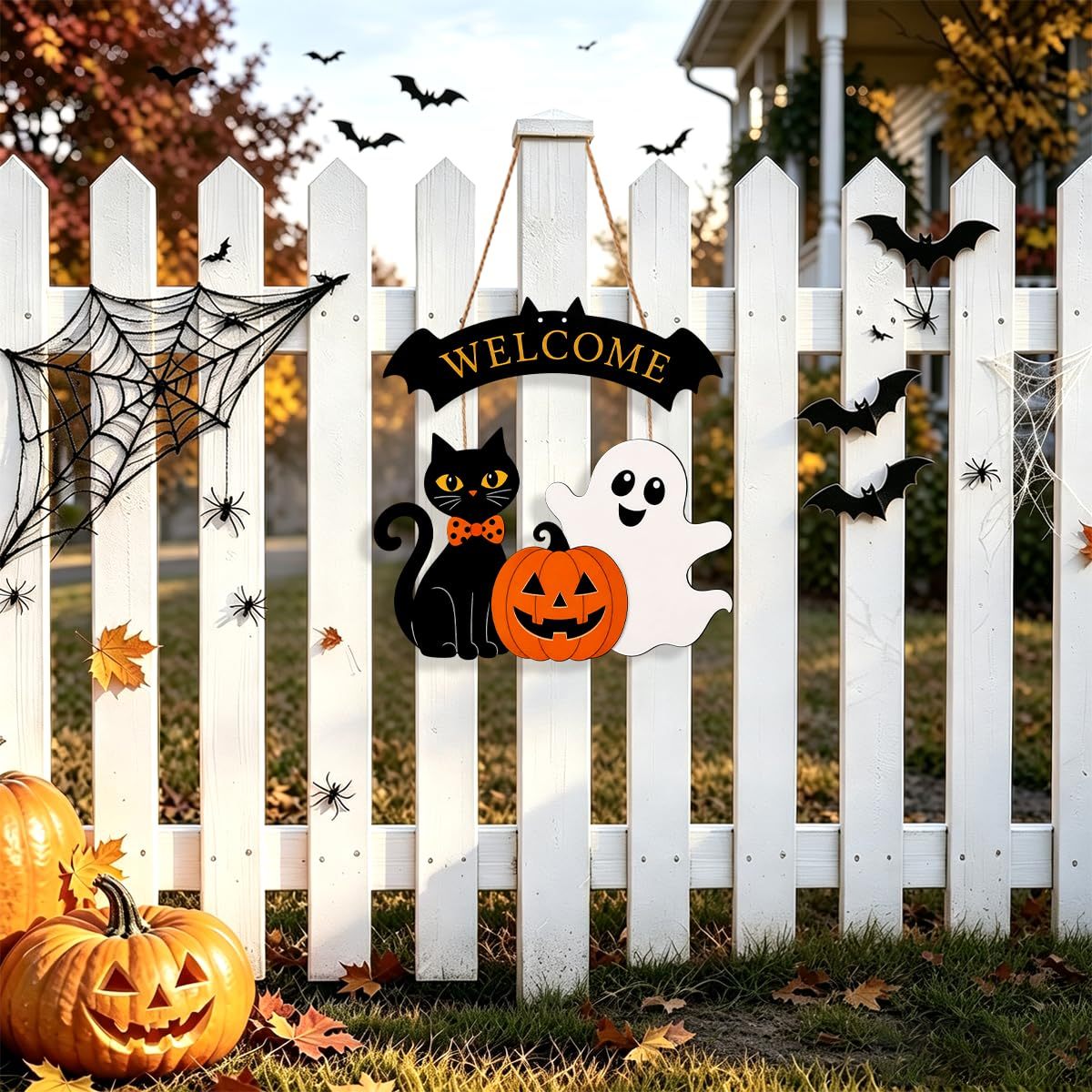 Halloween Wreath for Front Door Wooden Ghost Pumpkin Door Sign Wall Decor - MyJigsawPuzzleAu