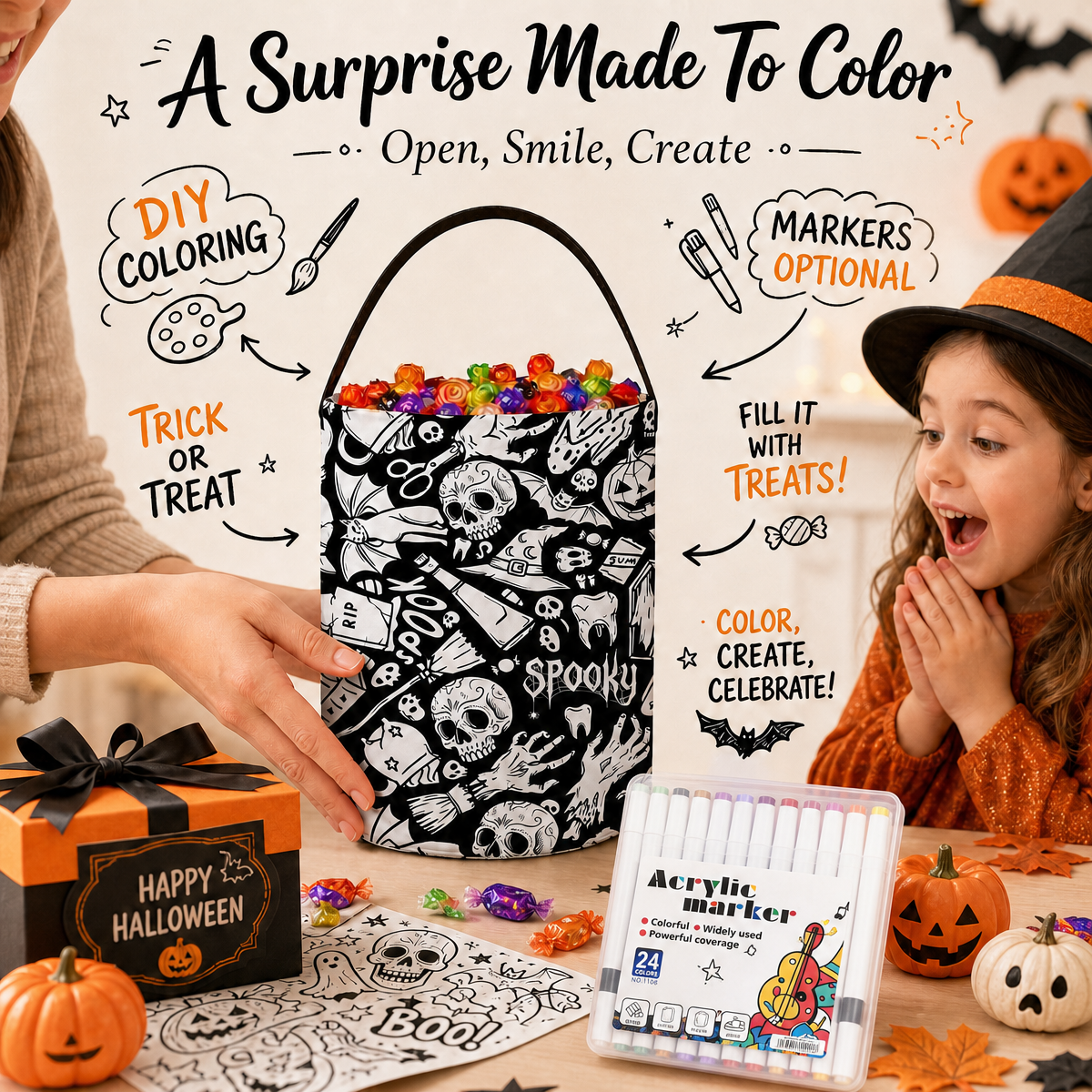 Halloween DIY Coloring Candy Bag | Color Your Own Trick or Treat Bag, Creative Stress Relief Activity for Kids - MyJigsawPuzzleAu