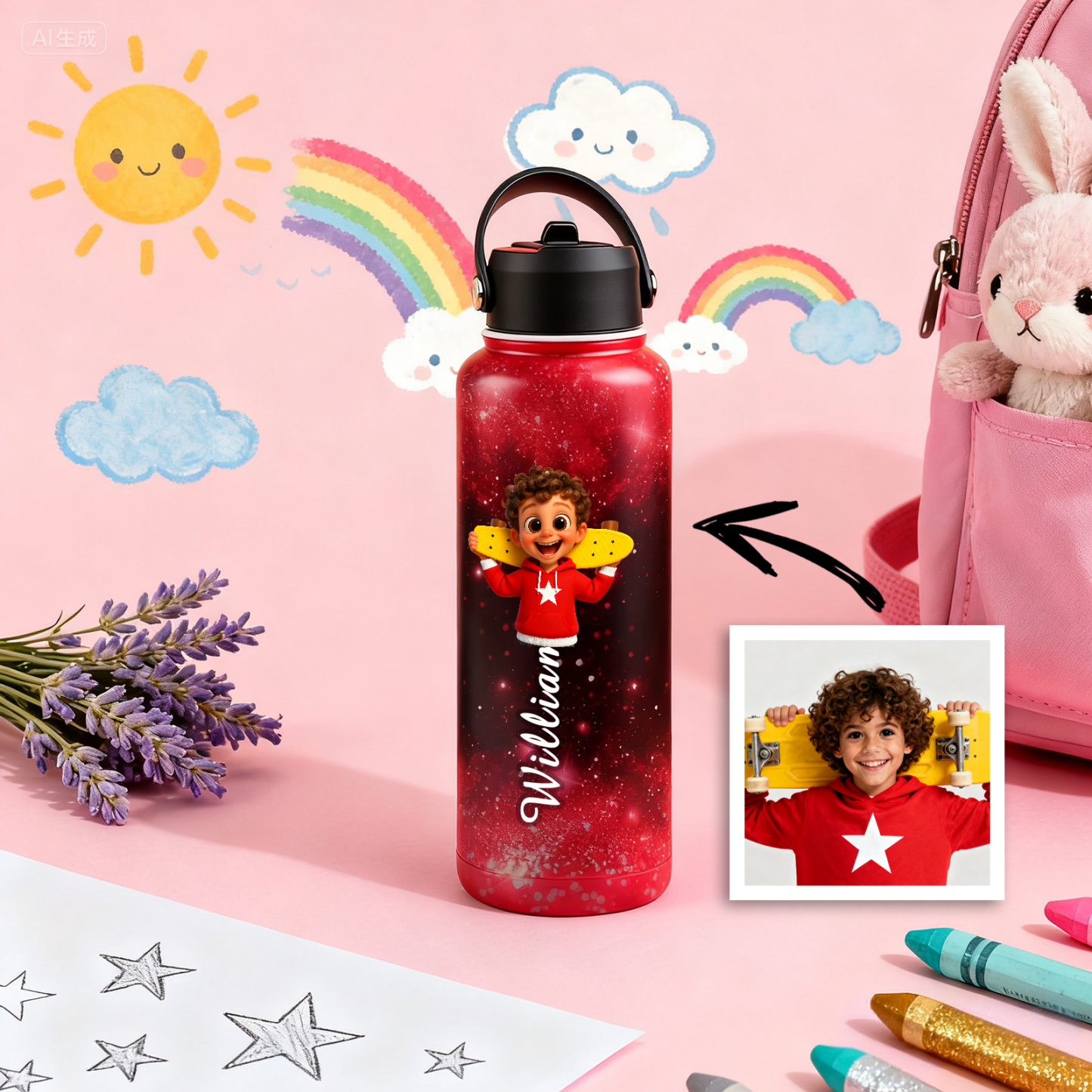 Custom Cartoon Water Bottle with Personalized Portrait & Name | Unique Gift for Kids & Teens - makephotopuzzleuk