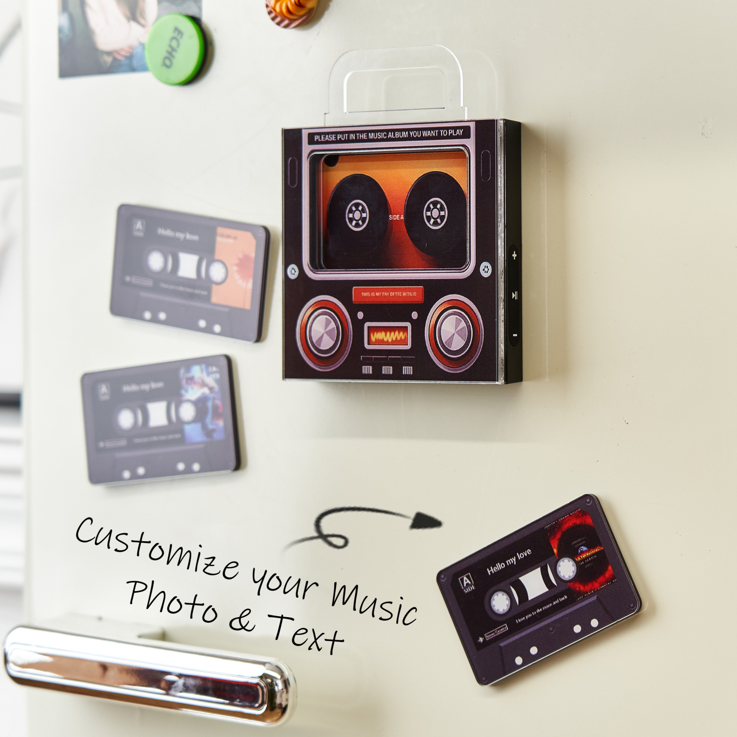 Custom Music Mixtape Fridge Magnet with Preview | Auto-Play 1/3/6/9 Songs Cassette Style Photo Magnet with Changeable Tape & Song | No App Needed Romantic Gift for Couples & Anniversary - makephotopuzzleuk
