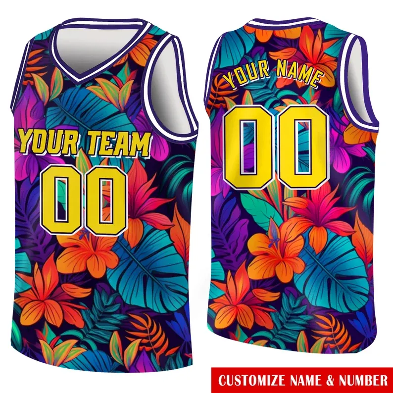 Custom Basketball Jersey with Name & Number Personalized Hawaii Floral Sports Tank Top - makephotopuzzleuk