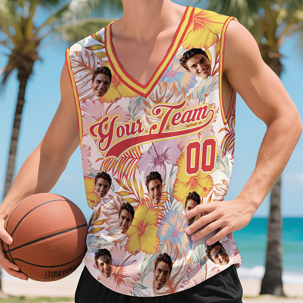 Custom Basketball Jersey with Name & Number Personalized Hawaii Floral Sports Tank Top - makephotopuzzleuk