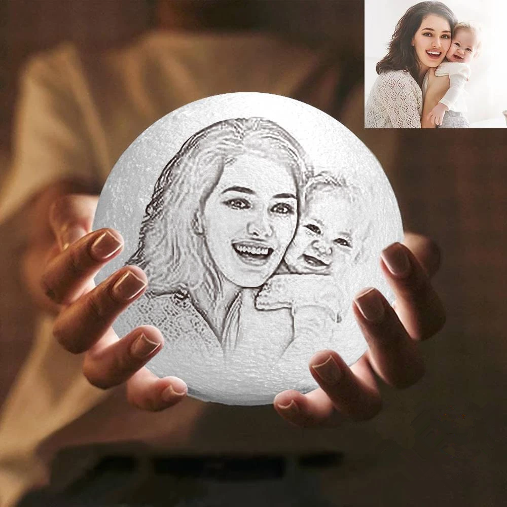 Personalised Creative 3D Print and Engraved Moon Lamp with Photo of Mother and Daughter - Touch Two Colors - makephotopuzzleuk