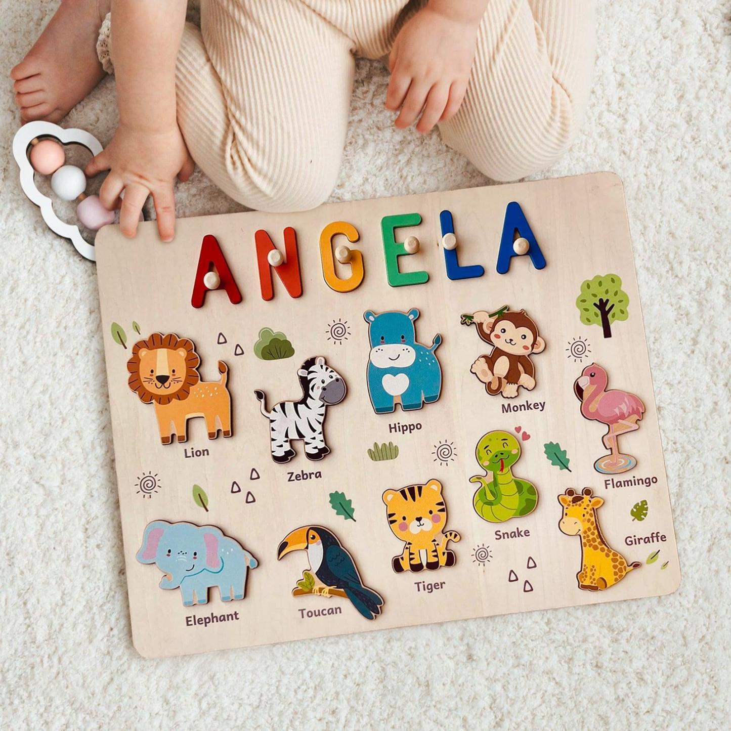 Personalized Wooden Name Puzzle - Safari Animal Learning Toy for Toddlers