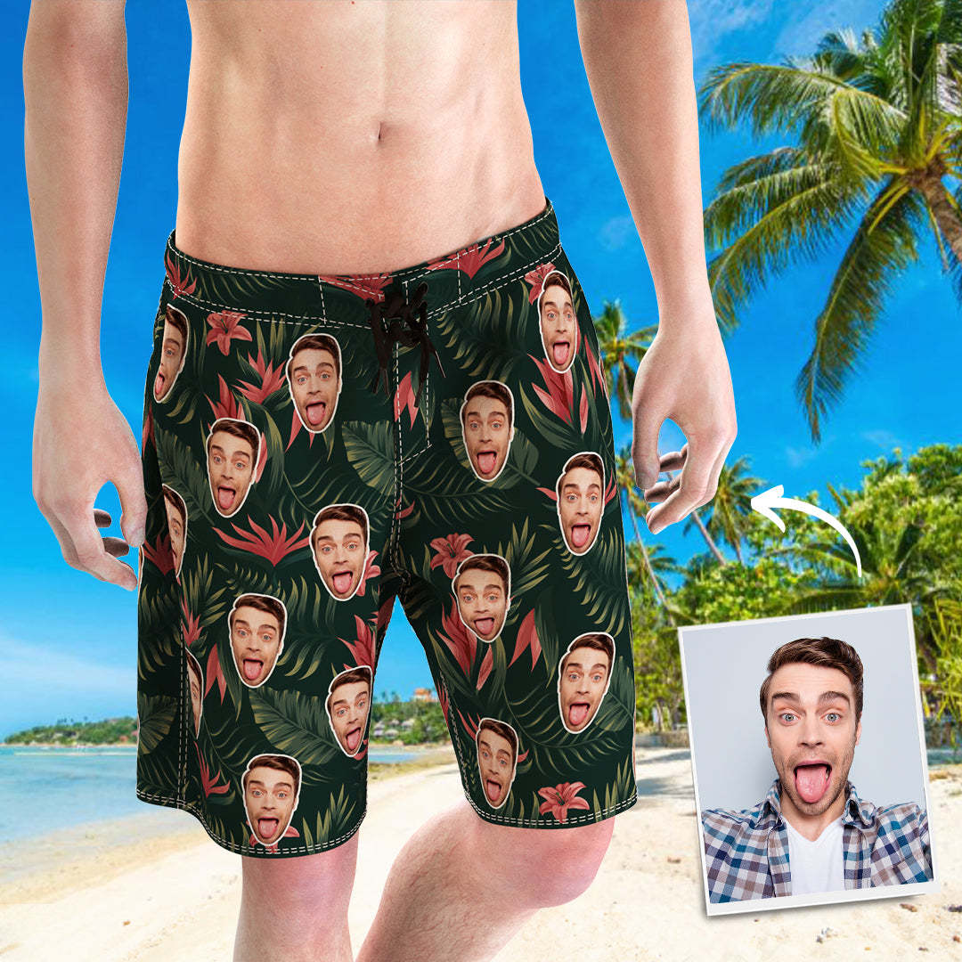 Men's Custom Face Beach Shorts Flowers And Leaves