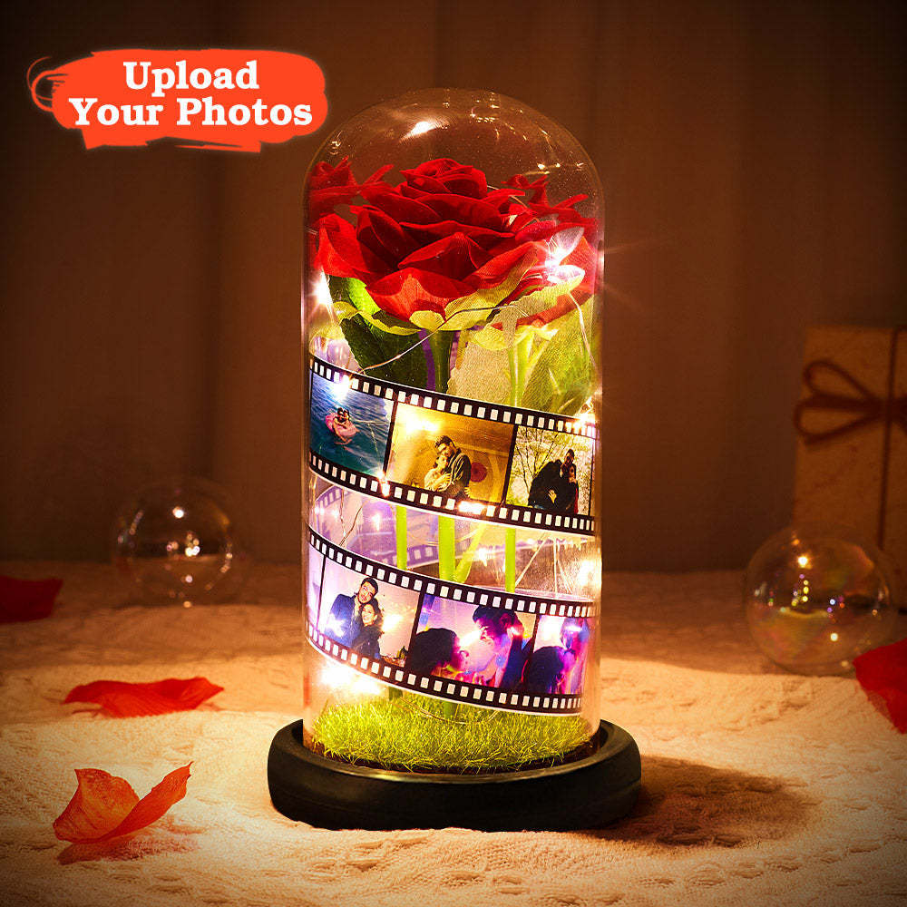 Custom Rose Flower in Glass Led Lamp Photo Album with Film Black Base - Gift for Her