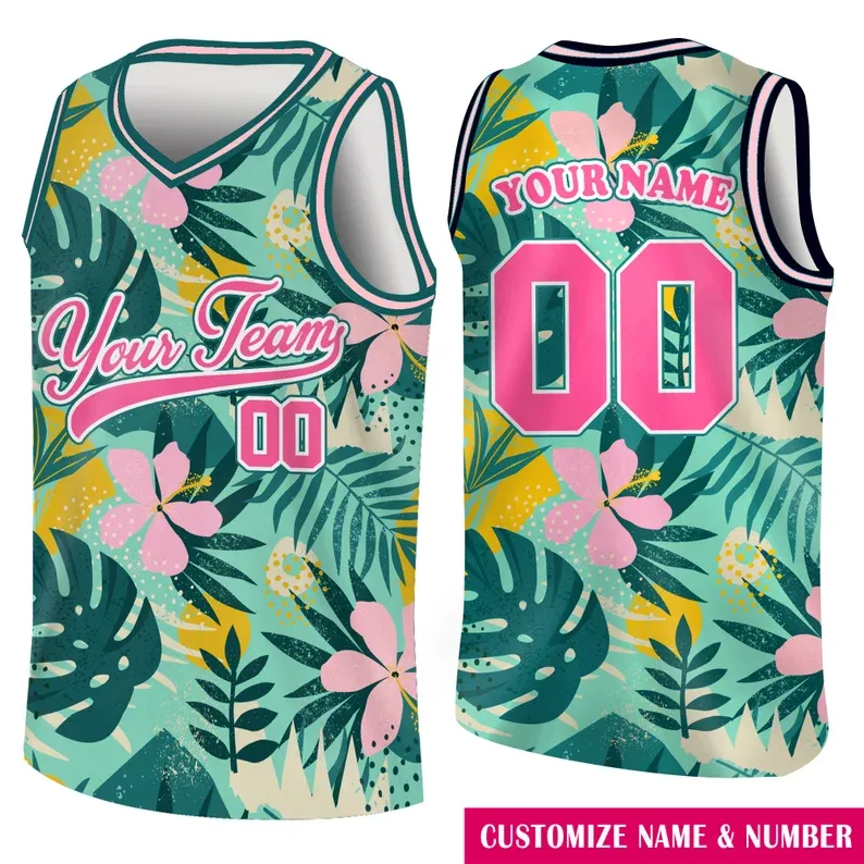 Custom Basketball Jersey with Name & Number Personalized Hawaii Floral Sports Tank Top - makephotopuzzleuk