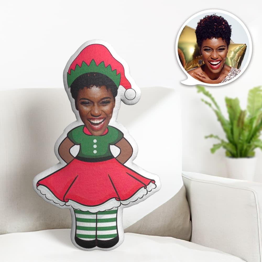Custom Face Pillow Personalised Photo Pillow Red and Green Christmas Dress MiniMe Pillow Gifts for Christmas - makephotopuzzleuk