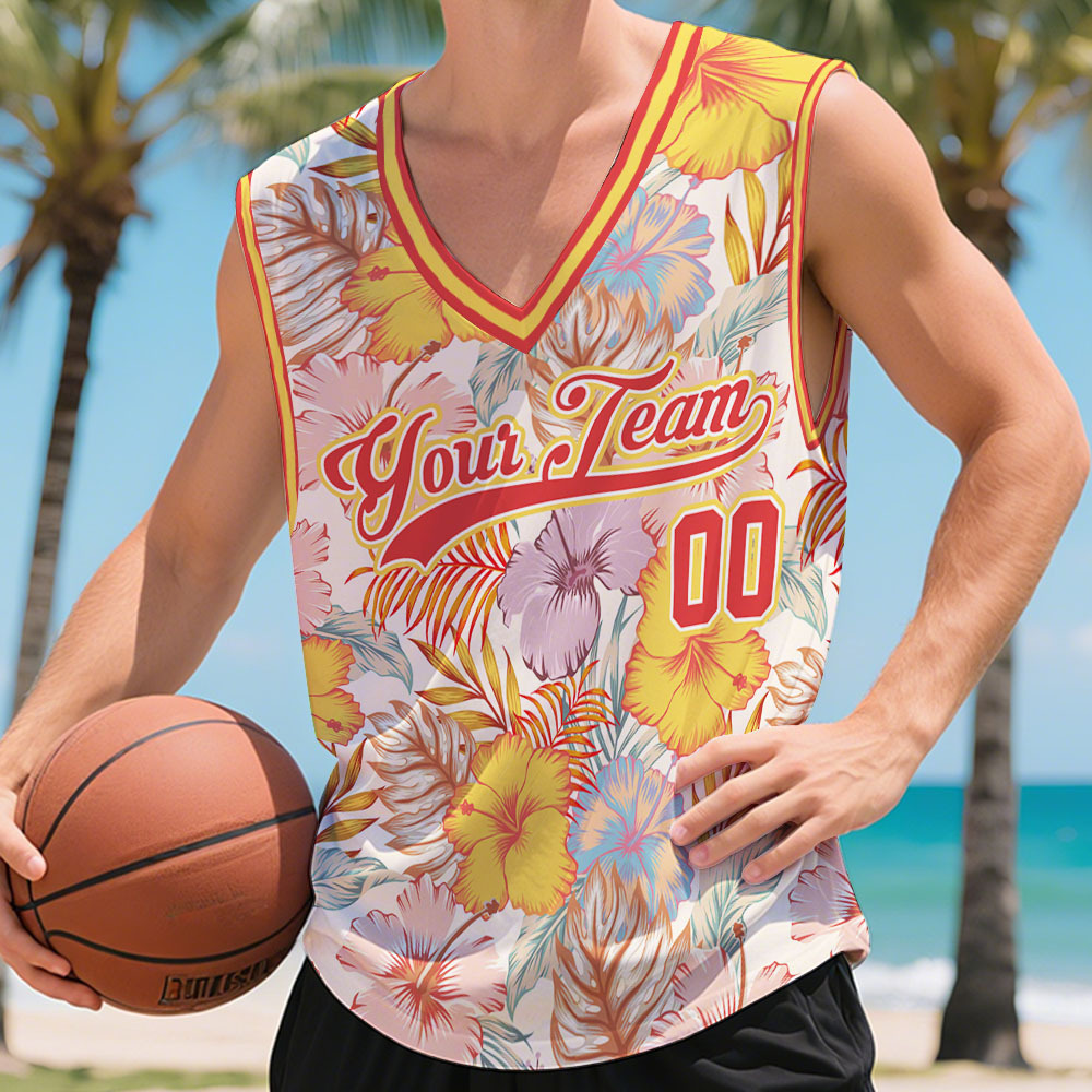 Custom Basketball Jersey with Name & Number Personalized Hawaii Floral Sports Tank Top - makephotopuzzleuk