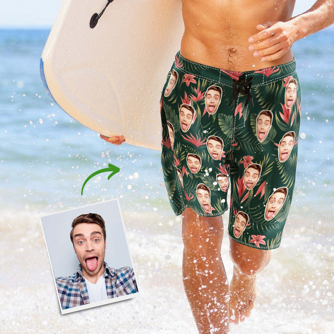 Men's Custom Face Beach Shorts Green Leaves