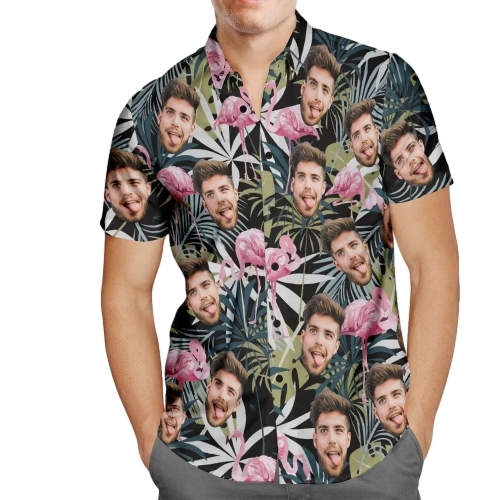 Custom Face Hawaiian Shirt Leaves and Flamingo Personalised Aloha Beach Shirt For Men