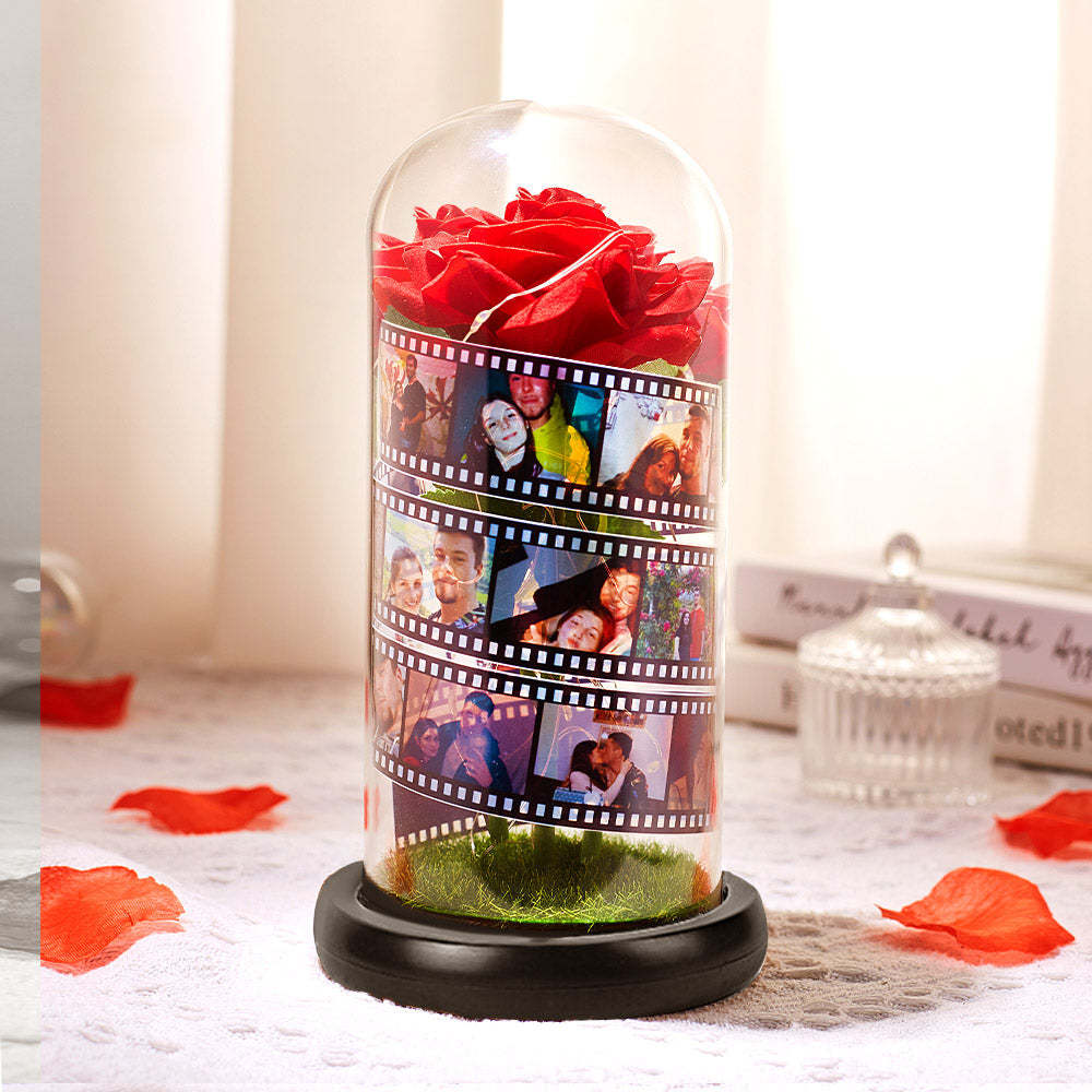 Custom Rose Flower in Glass Led Lamp Photo Album with Film Black Base - Gift for Her