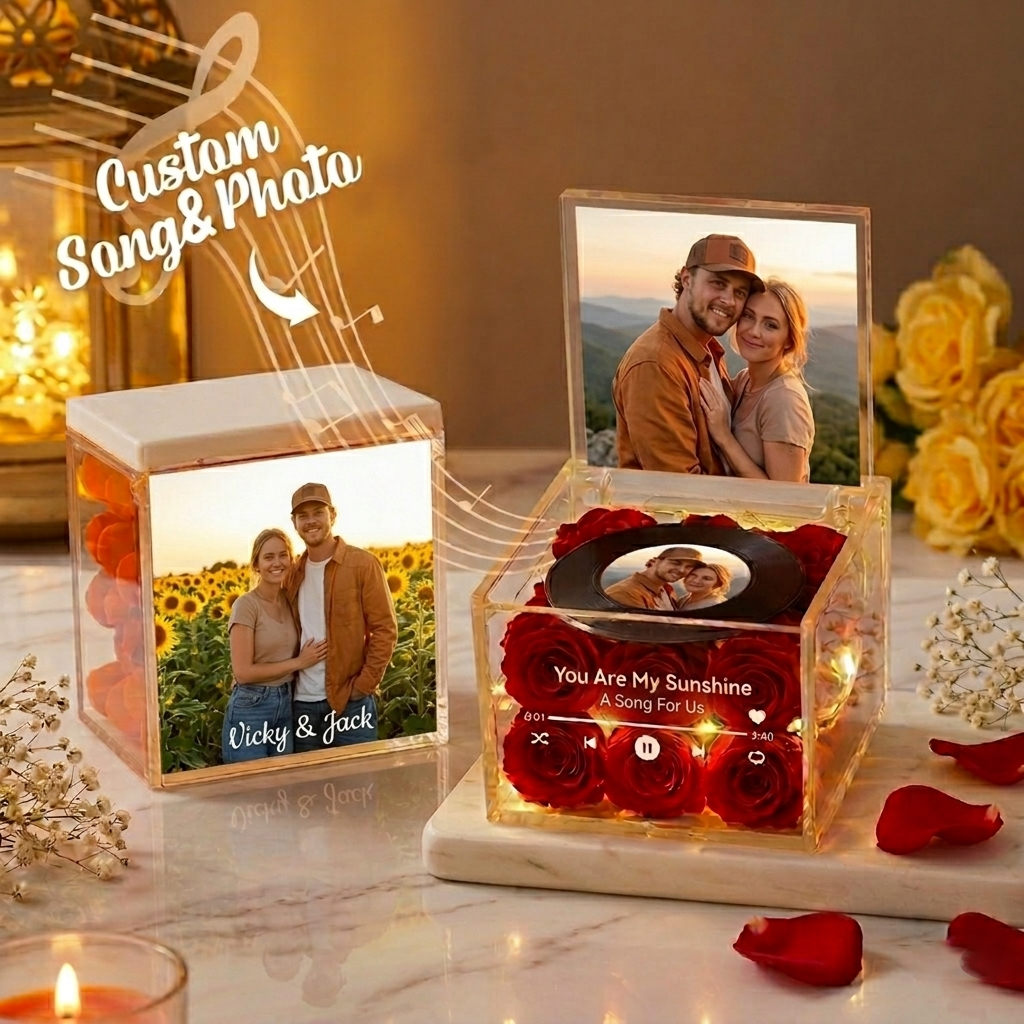 Custom Mini Rose Music Record Auto-Music Player Custom Photo with Light Personalized Music Acrylic Box - makephotopuzzleuk