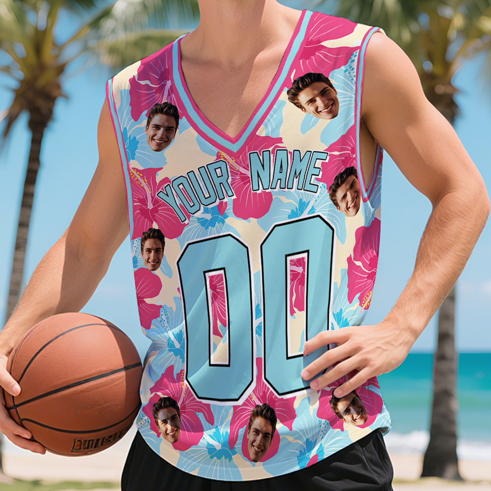 Custom Basketball Jersey with Name & Number Personalized Hawaii Floral Sports Tank Top - makephotopuzzleuk