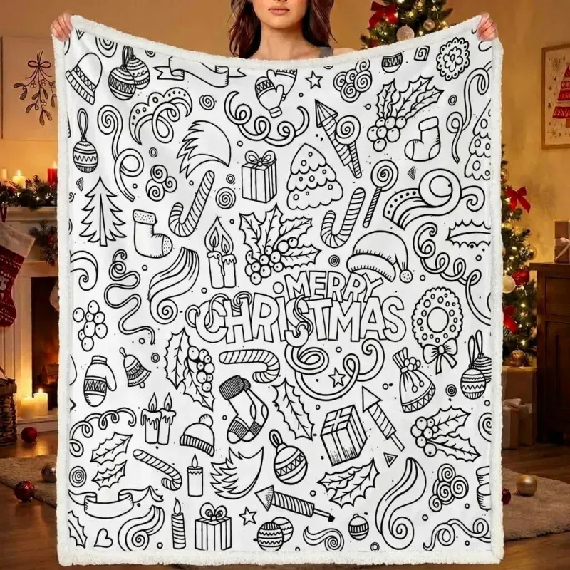DIY Drawing Blanket with Optional 24 Colors Markers, Color Art Blanket Washable Blankets, Christmas Coloring Blankets for Adults - makephotopuzzleuk