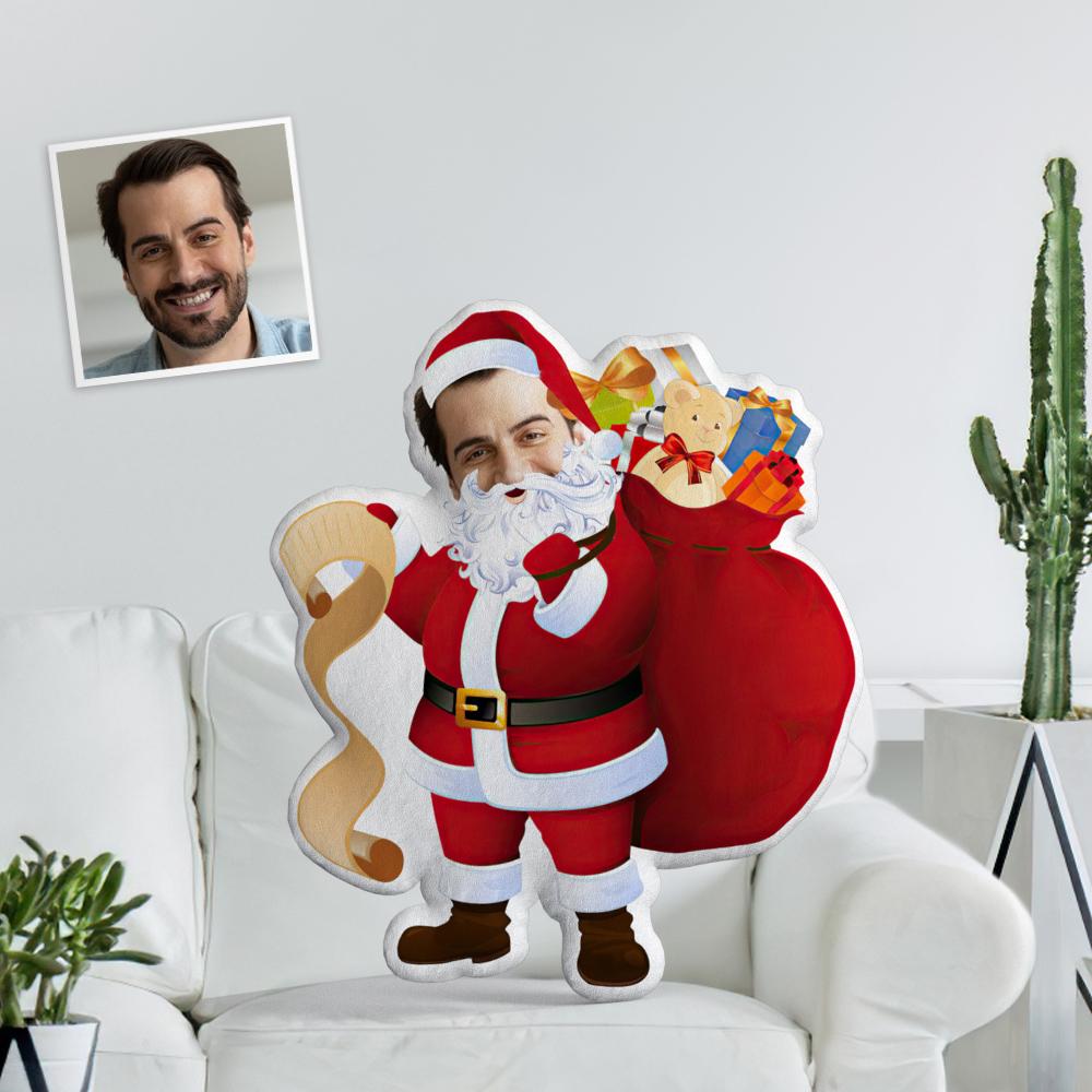 Personalised Photo Doll Santa Face Pillow Custom Santa Holding A List And Giving Gifts Throw Pillow