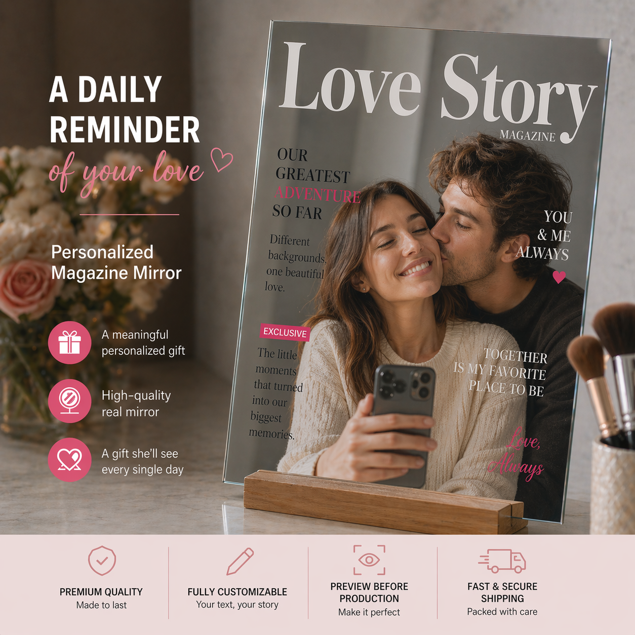 Personalized Mirror Reminds Her She’s Loved By You Everyday Love Story Gift for Couples