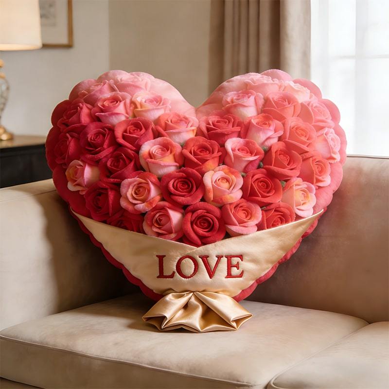 Personalized Heart-Shaped Flower Bouquet Themed Throw Pillow - makephotopuzzleuk