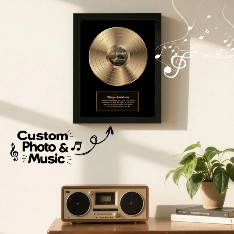Personalised Golden Record Style Music Decor for Anniversary, Click Vinyl Center to Play Custom Music Photo Name, Custom Photo Music Plaque, Personalised Song Plaque, Click to Play No Phone Needed for Loved Ones