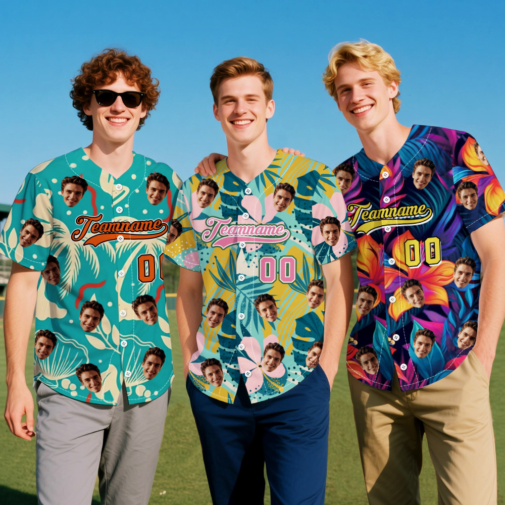Custom Vacation Vibes Hawaiian Baseball Custom Jersey with Tropical Elements Print - makephotopuzzleuk