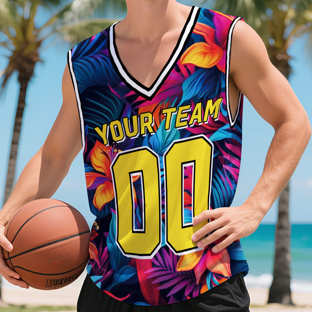 Custom Basketball Jersey with Name & Number Personalized Hawaii Floral Sports Tank Top - makephotopuzzleuk