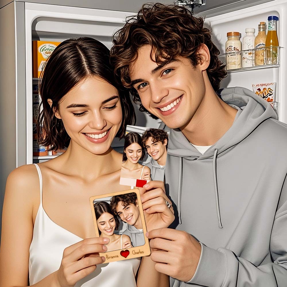 Personalized Wooden Couple Fridge Magnet With Photo Frame Gift for Lover - makephotopuzzleuk