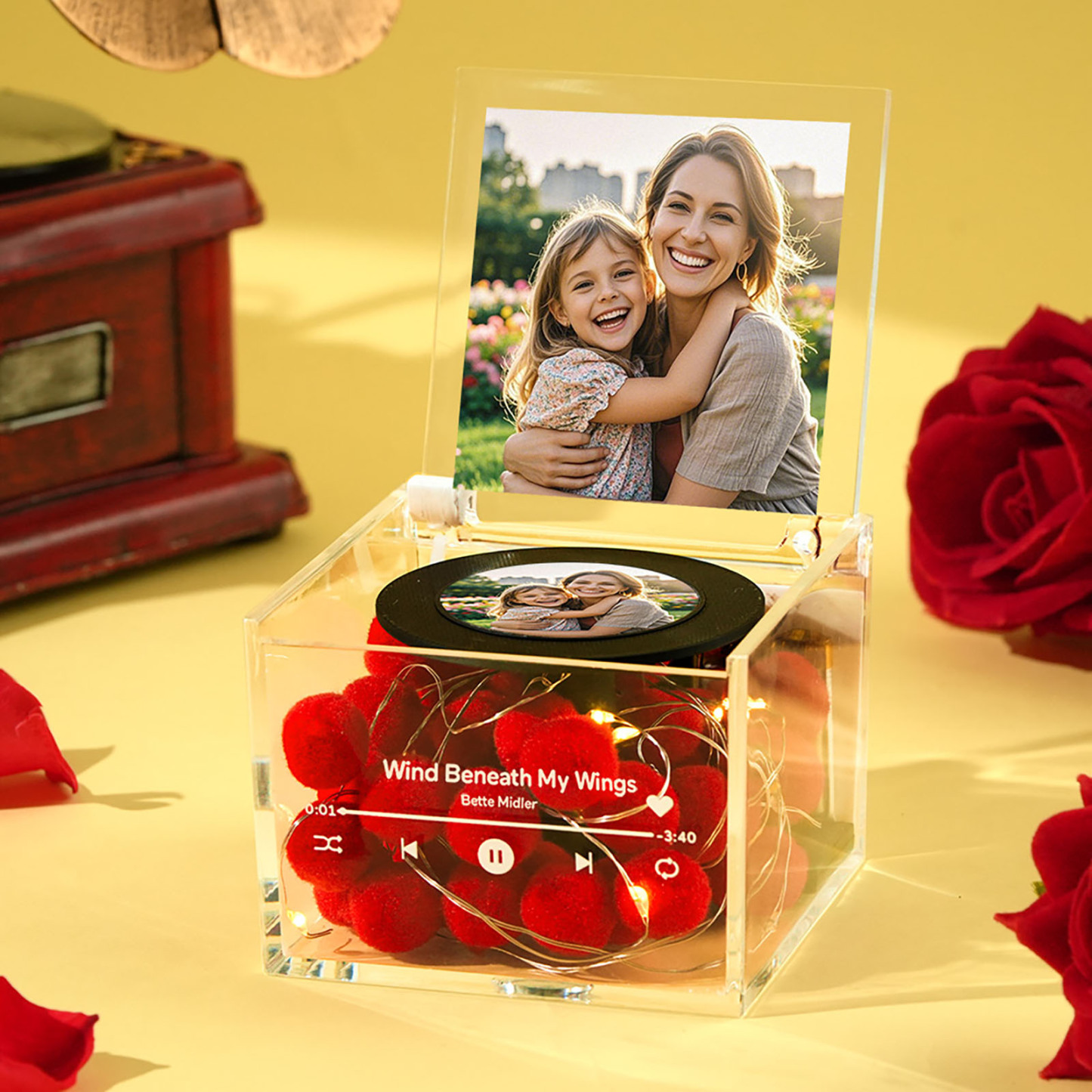 Custom Mini Vinyl Record Player Custom Red Heart Flower Style Photo Engraved Mother's Day Gift for Mum