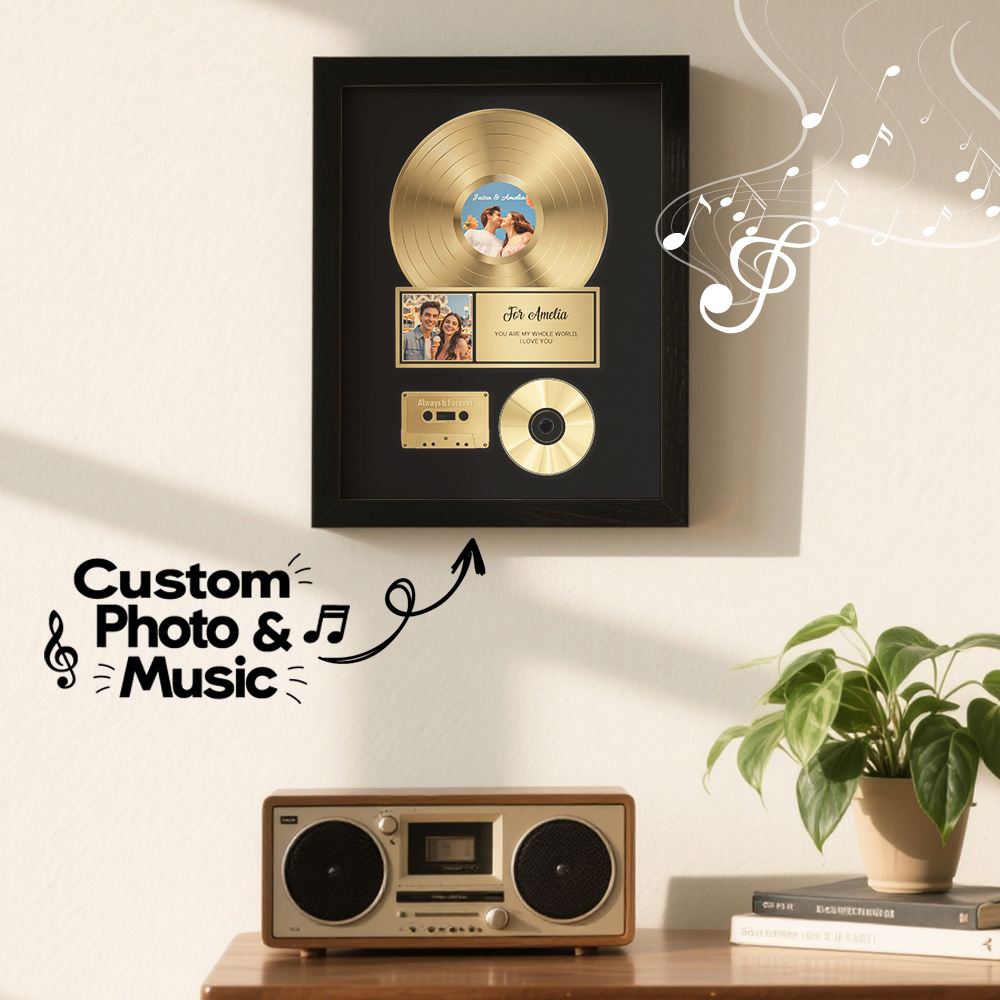 Personalised Golden Record Style Music Decor, Custom Music Photo Name, Custom Photo Music Plaque, Personalised Song Plaque, Click to Play No Phone Needed for Loved Ones