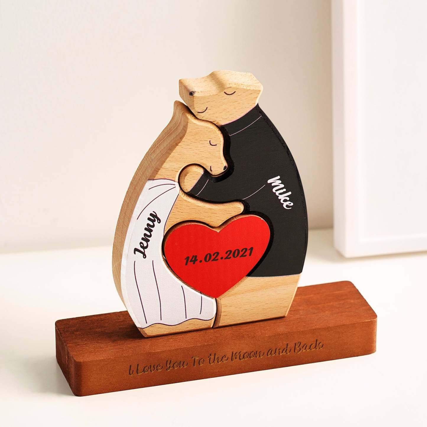 Custom Name Wooden Couple Bear with Personalised Date Blocks Love Gifts for Her - makephotopuzzleuk