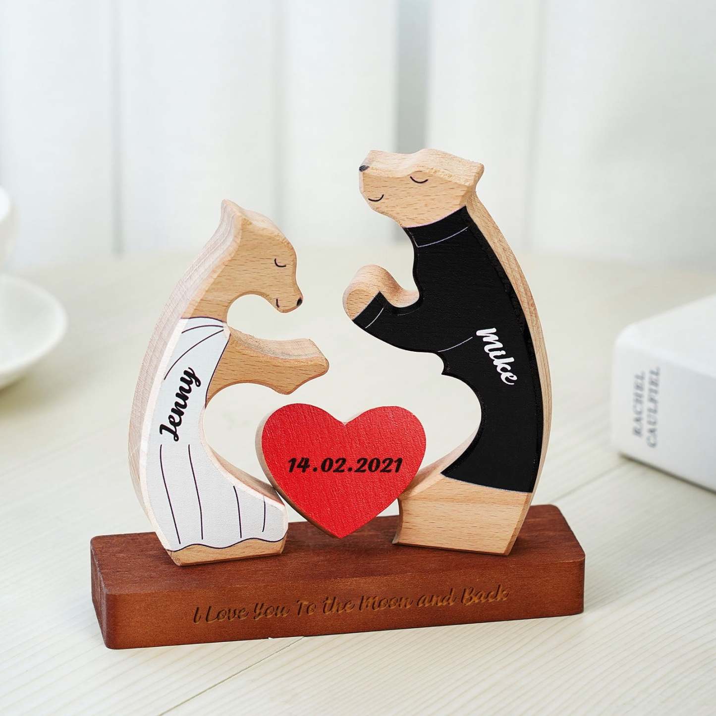 Custom Name Wooden Couple Bear with Personalised Date Blocks Love Gifts for Her - makephotopuzzleuk