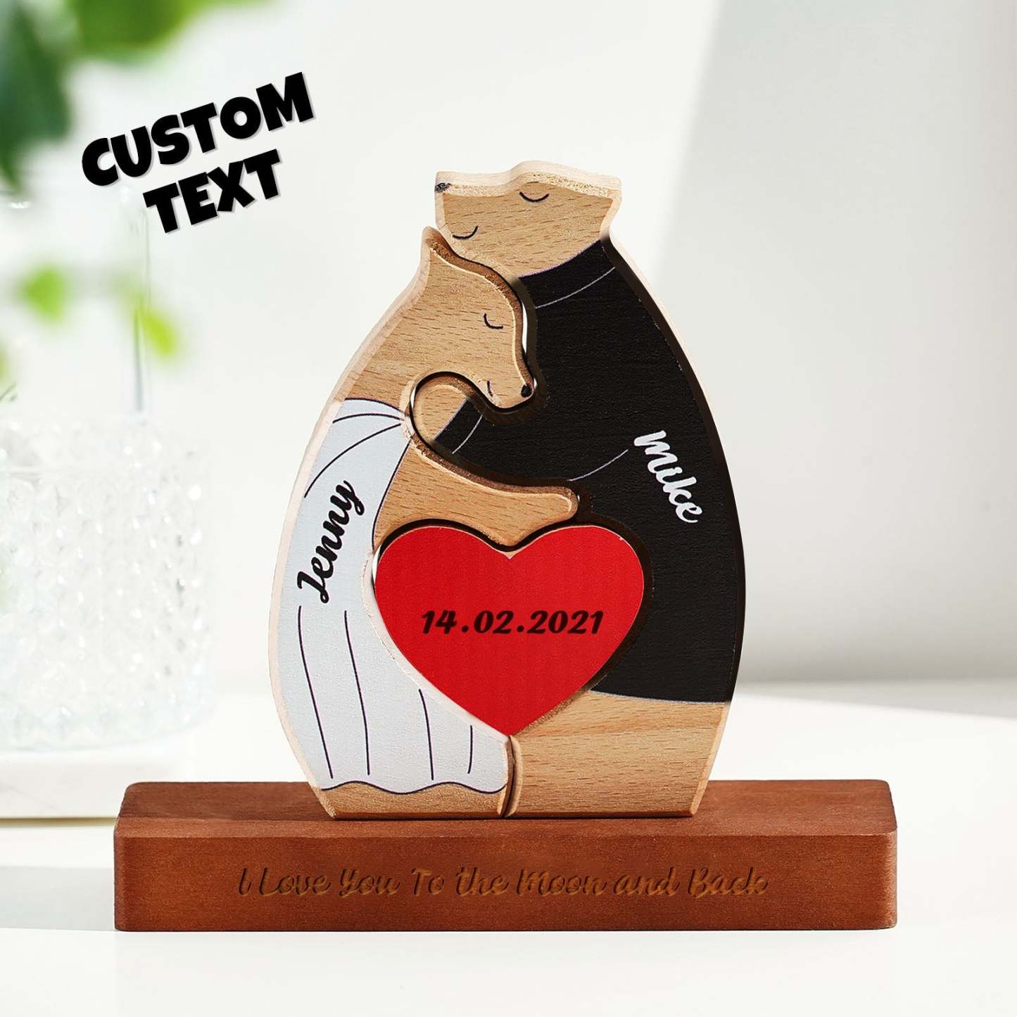 Custom Name Wooden Couple Bear with Personalised Date Blocks Love Gifts for Her - makephotopuzzleuk