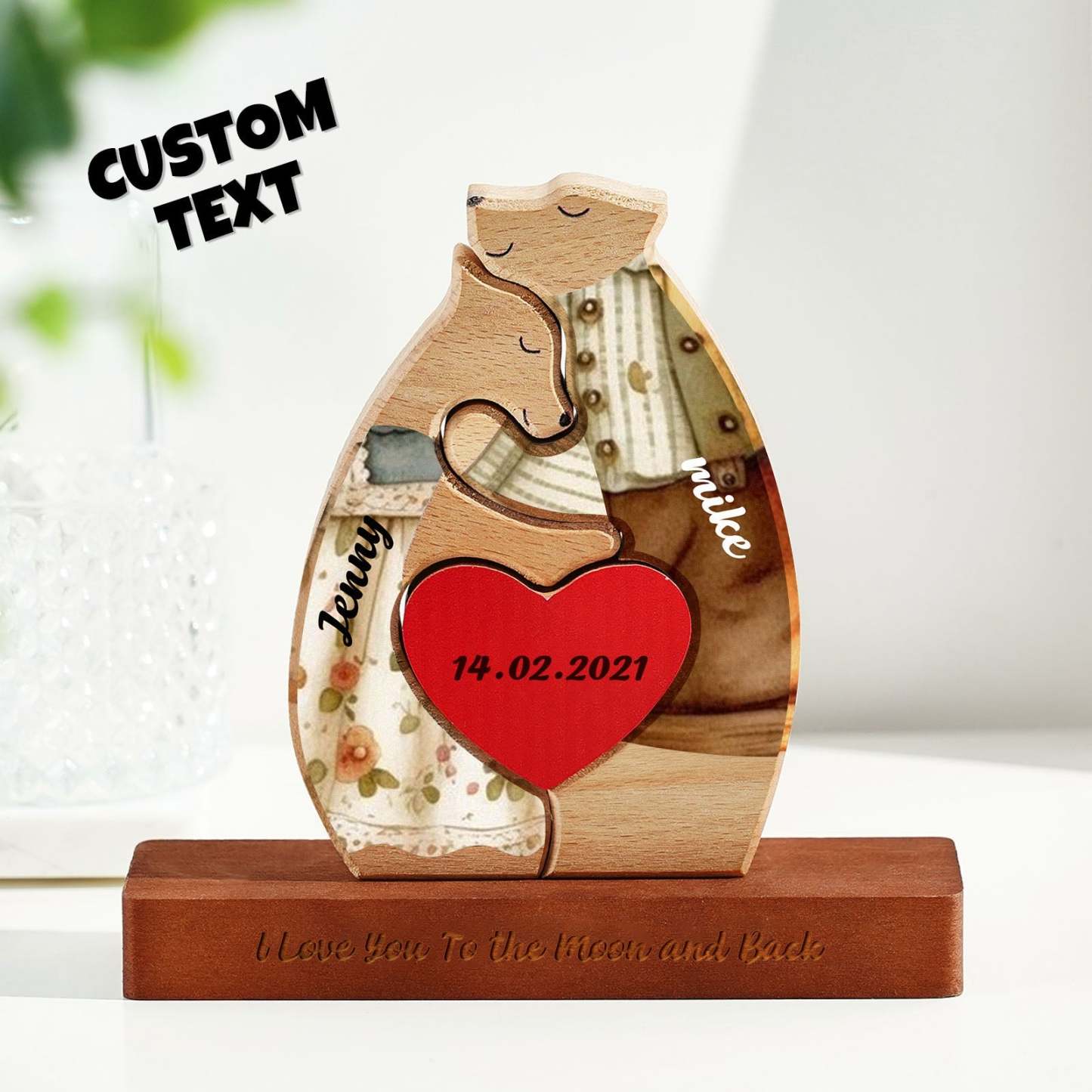 Custom Name Wooden Couple Bear with Personalised Date Blocks Love Gifts for Her - makephotopuzzleuk