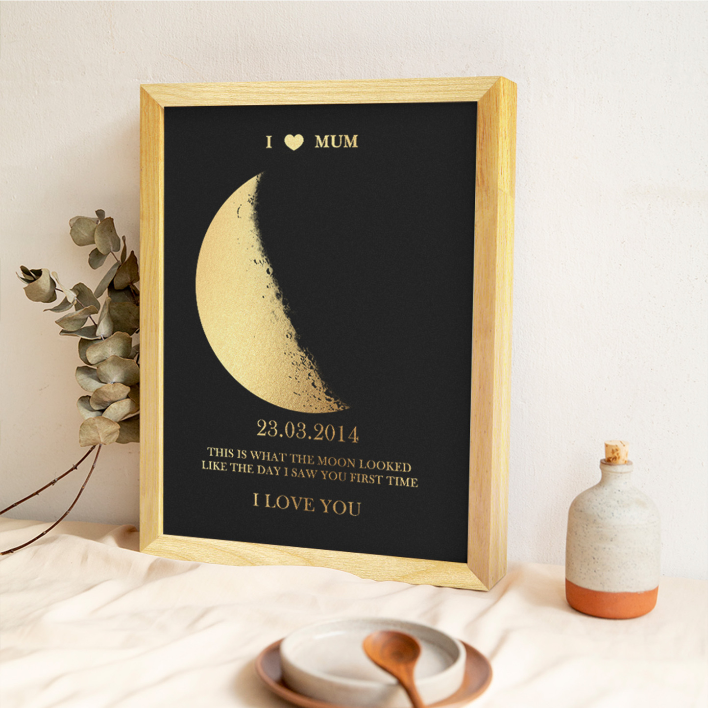 Custom Moon Phase Foil Print Wooden Frame For Mothering Sunday Personalised Name and Text Mother's Day Gift For Mum