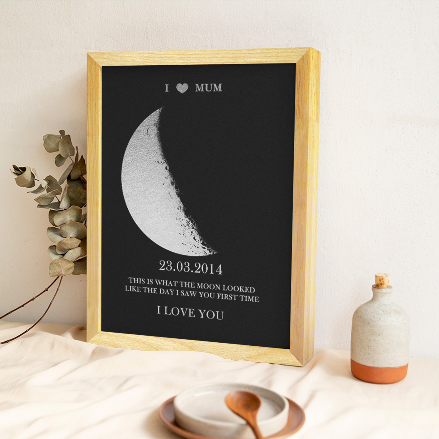 Custom Moon Phase Foil Print Wooden Frame For Mothering Sunday Personalised Name and Text Mother's Day Gift For Mum