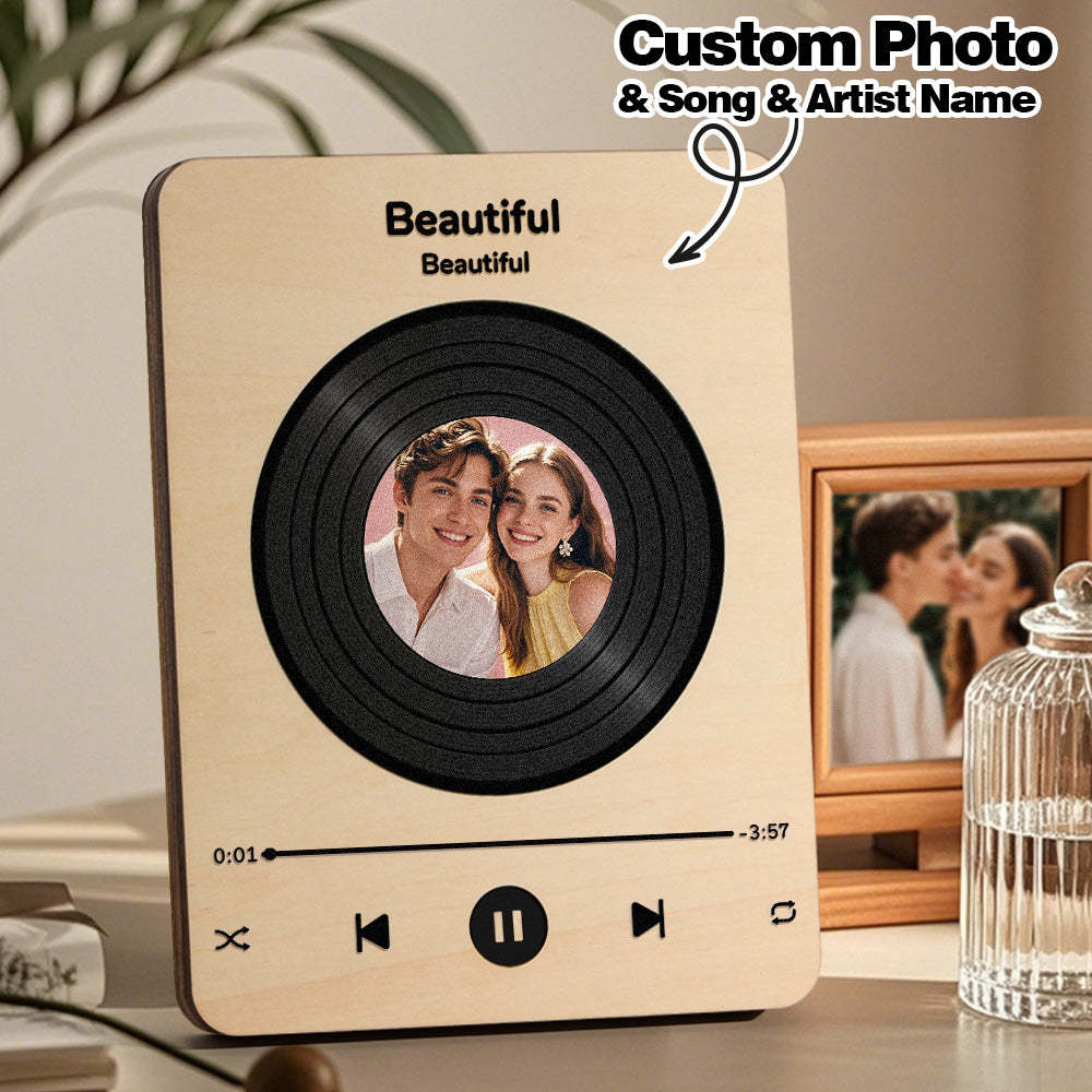 Personalized Photo Wooden Music Record Player Wedding Anniversary Gift for Couples - makephotopuzzleuk