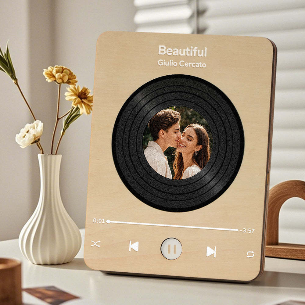 Personalized Photo Wooden Music Record Player Wedding Anniversary Gift for Couples - makephotopuzzleuk