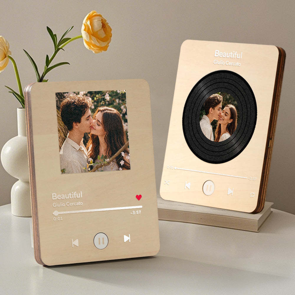 Personalized Photo Wooden Music Record Player Wedding Anniversary Gift for Couples - makephotopuzzleuk
