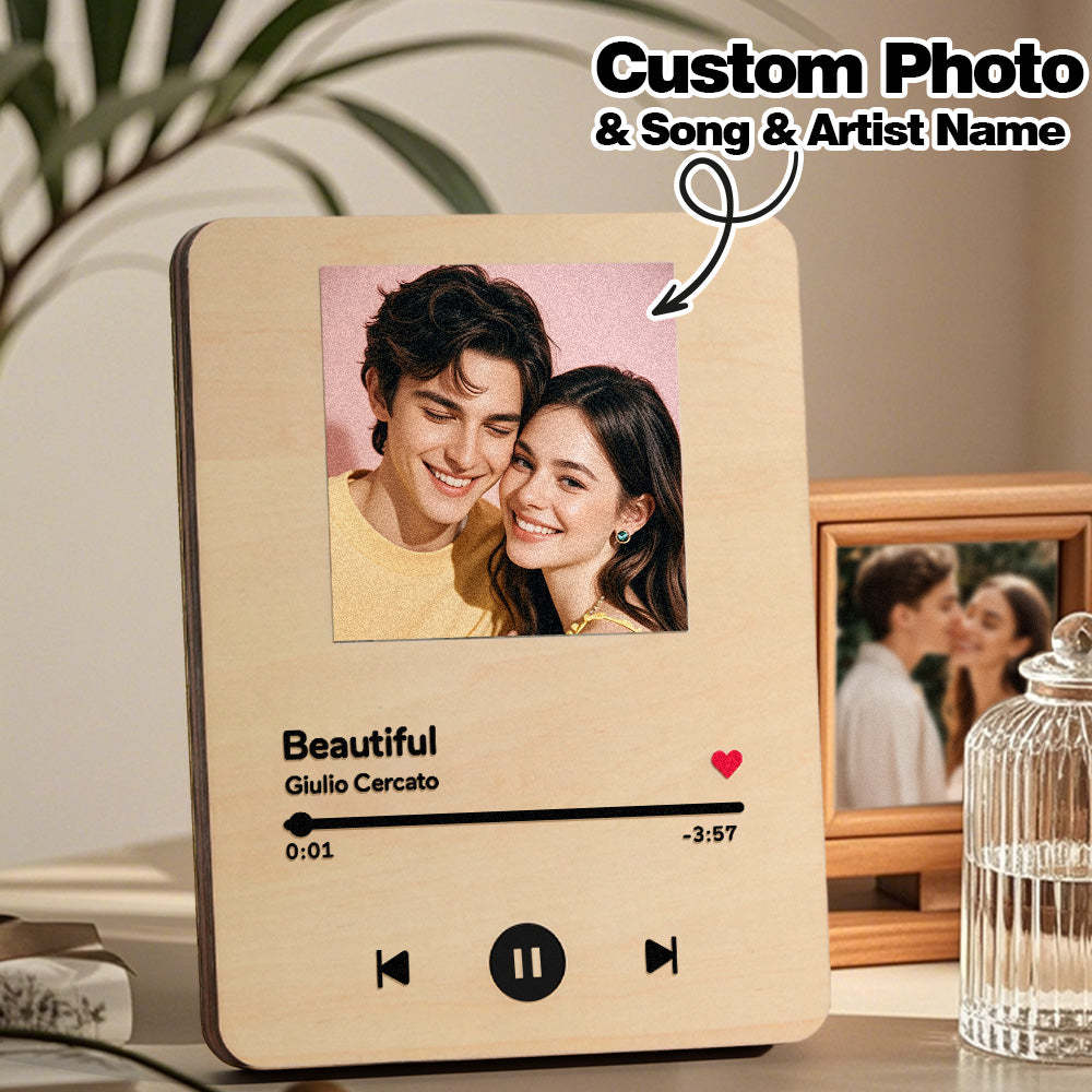 Personalized Photo Wooden Music Record Player Wedding Anniversary Gift for Couples - makephotopuzzleuk