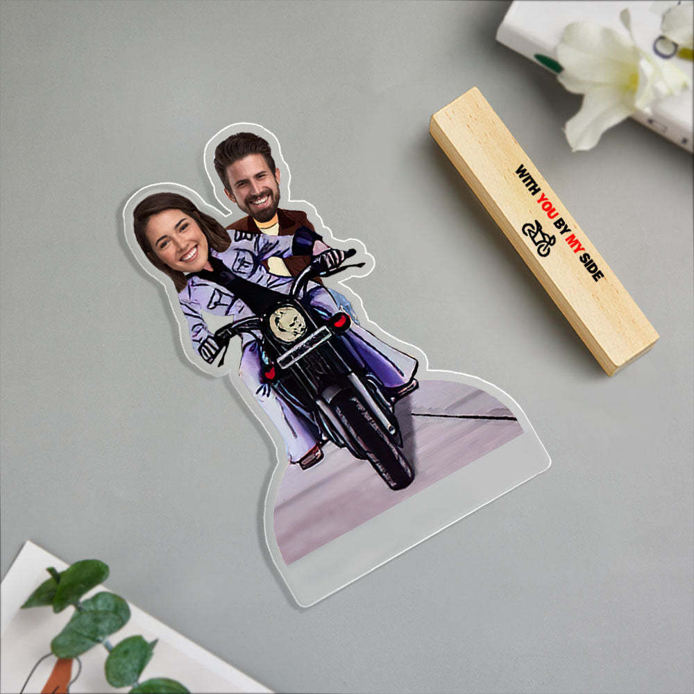Caricature Gifts for Couples Motorcycle Custom Photo Wooden Stand Personalised Face MiniMe Plaque