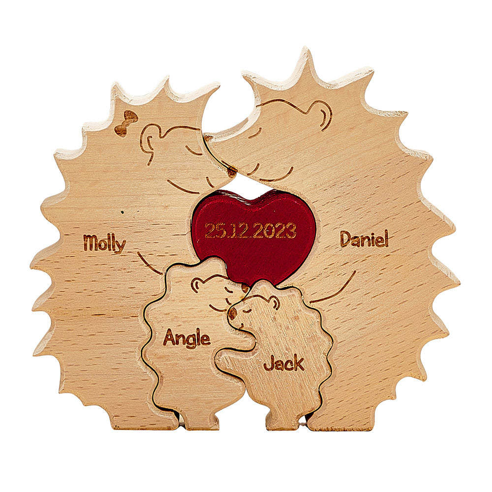 Custom Wooden Hedgehog Puzzle Personalized Hedgehog Family Names Puzzle Home Decor Gifts - Get Photo Blanket