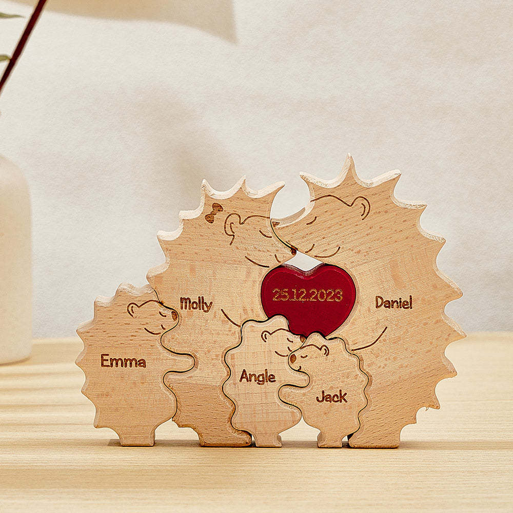 Custom Wooden Hedgehog Puzzle Personalized Hedgehog Family Names Puzzle Home Decor Gifts - Get Photo Blanket