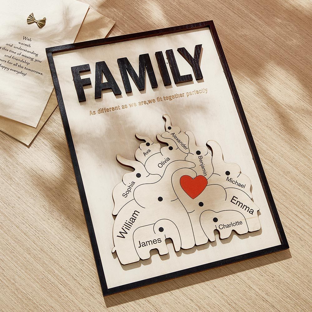 Personalised Family Elephant Wooden Plaque Custom Family Member Name Sign Gift for Mum - makephotopuzzleuk