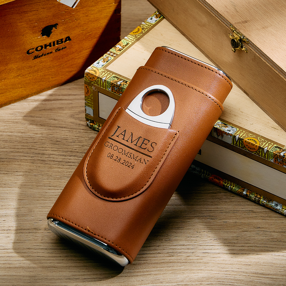 Personalized Cigar Case, Leather Cigar Holder with Cutter, Cigar Travel Case, Groomsmen Gifts, Gift for Dad Husband Gift for Him - makephotopuzzleuk